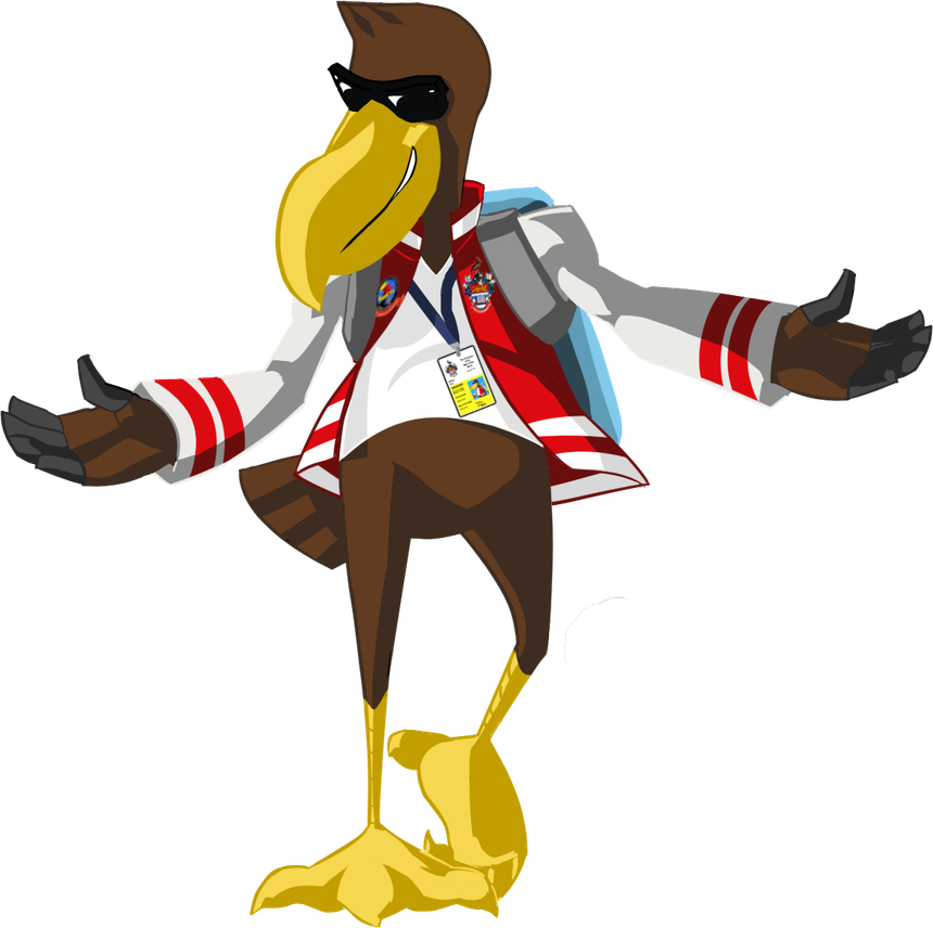 Pete the Pelican, the UWI Mona mascot, in a red and white varsity jacket and sunglasses with his wings open wide