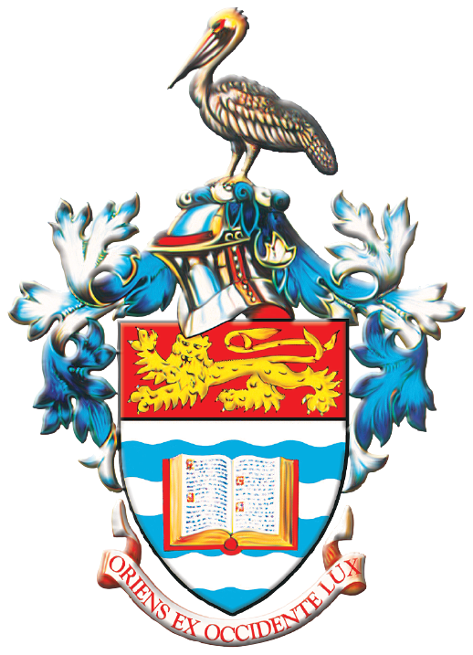 The Coat of Arms of The University of the West Indies. A brown pelican stands on a wreath above a helmet. Below is a shield with a gold lion on a red chief, and an open book on six wavy stripes of white and blue. A scroll beneath reads Oriens Ex Occidente Lux.